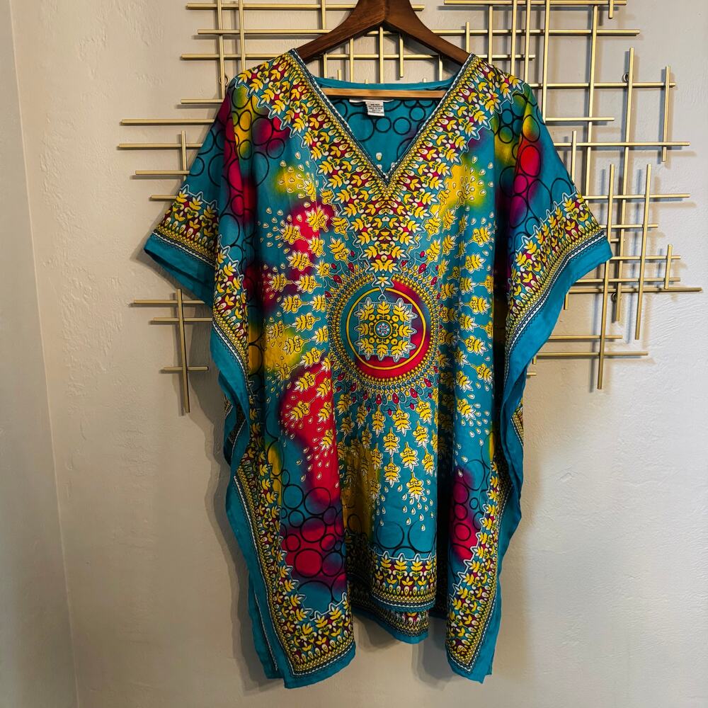 Jessica Taylor One Size Blue Dashiki Caftan Tunic Boho Beach Cover Up Top OS